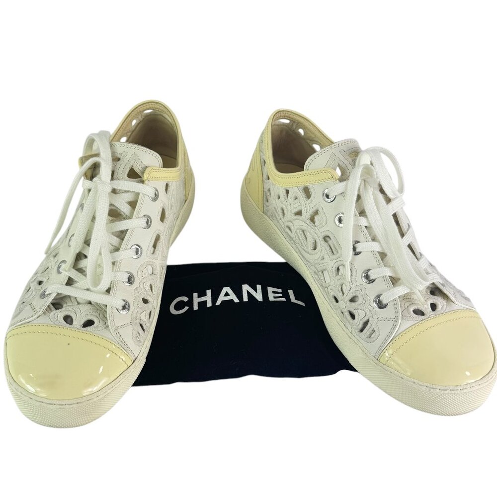 CHANEL White & Beige Leather Cut Out Flowers Women's Low Sneakers 39.5 - 9.5US